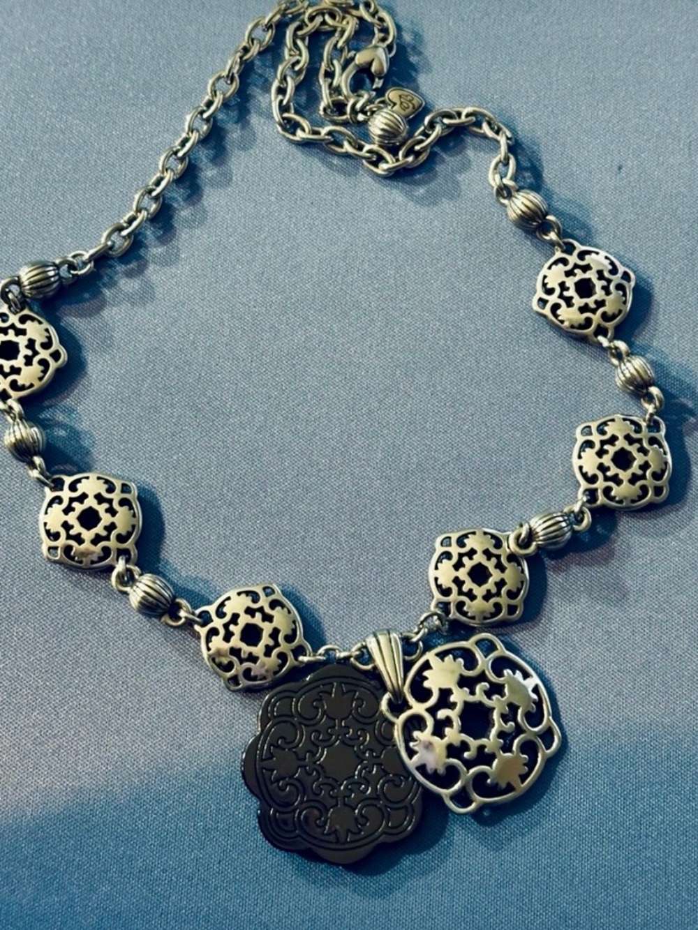 Brighton Flora Reversible Medallion Black Enamel Silver Plated Collar Necklace
